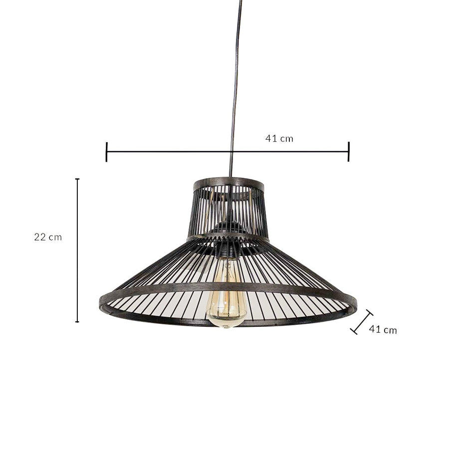 Dimension image of wide flared dark wood slat pendant light with tapered neck collar showing 27 cm height and 41 cm width.