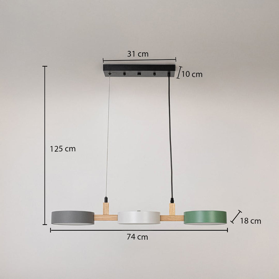 Modern multicolor linear pendant light dimension image with 74 cm width and 125 cm height for dining room placement.