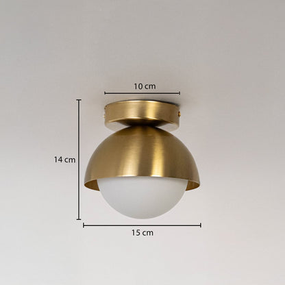 Gold ceiling light with frosted globe shade shown with size dimensions 14 cm height 15 cm width and 10 cm base.