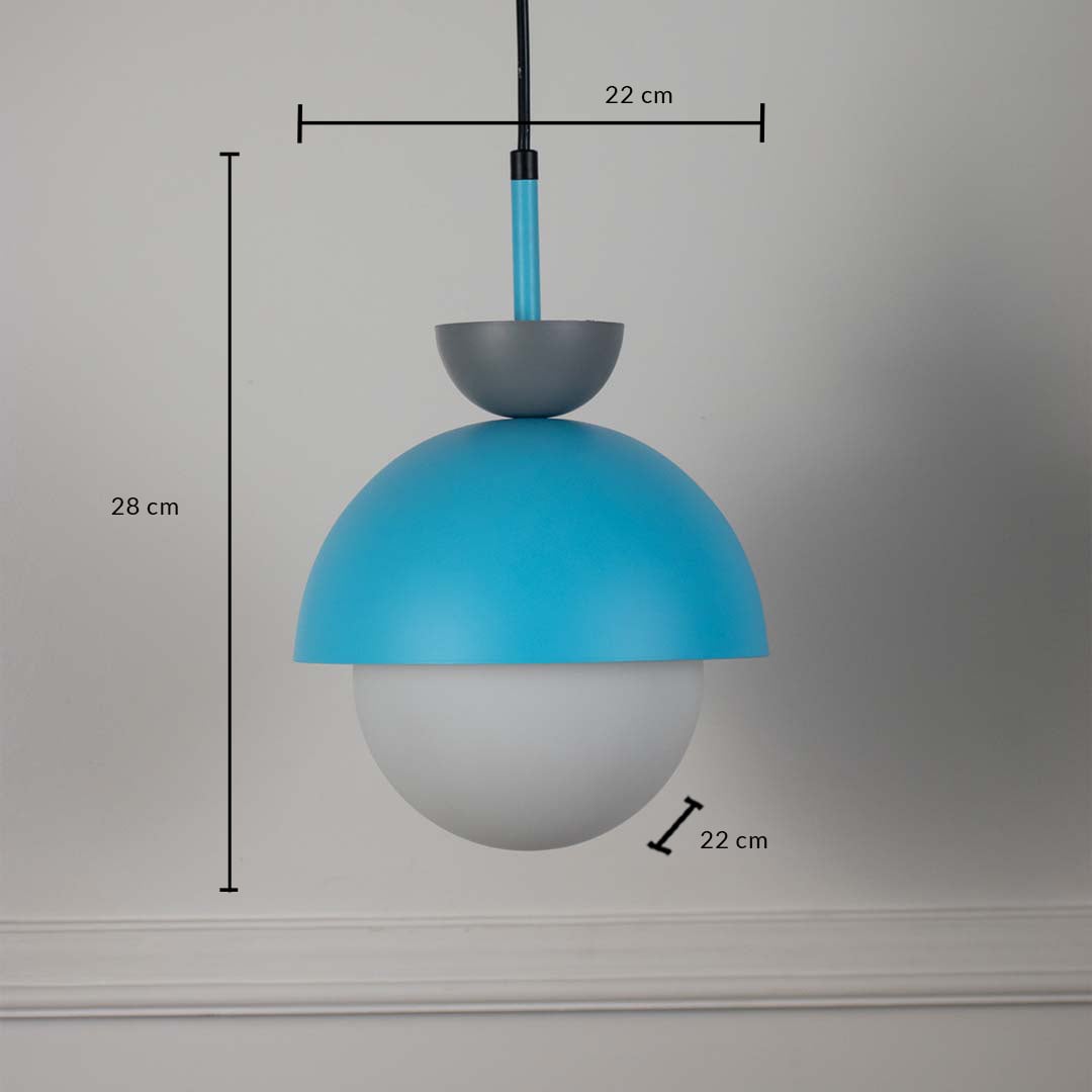 Dimension image of sky blue metal pendant light with frosted glass globe showing 18 cm height and 22 cm width.