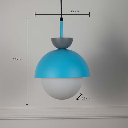 Dimension image of sky blue metal pendant light with frosted glass globe showing 18 cm height and 22 cm width.