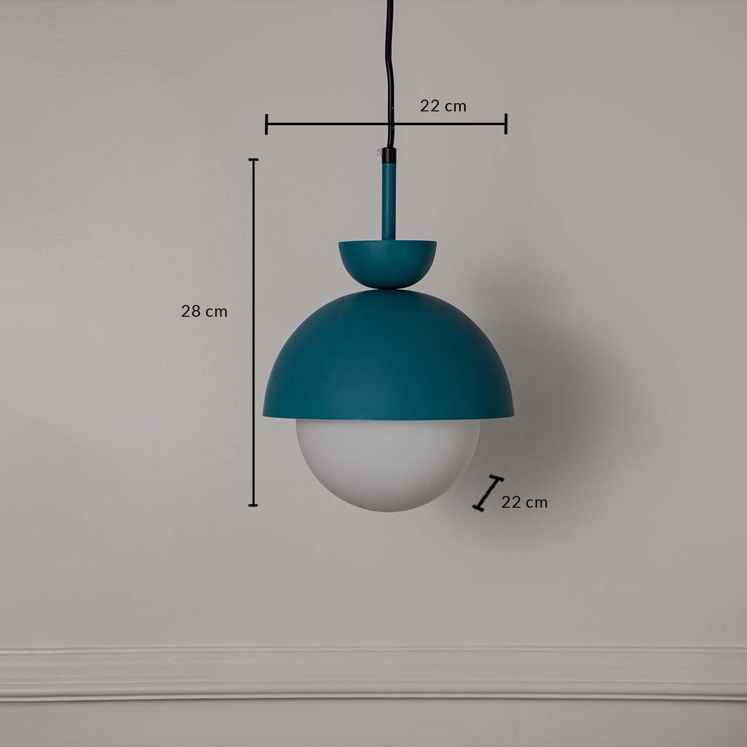 Dimension image of teal blue metal pendant light with frosted glass globe showing 18 cm height and 22 cm width.