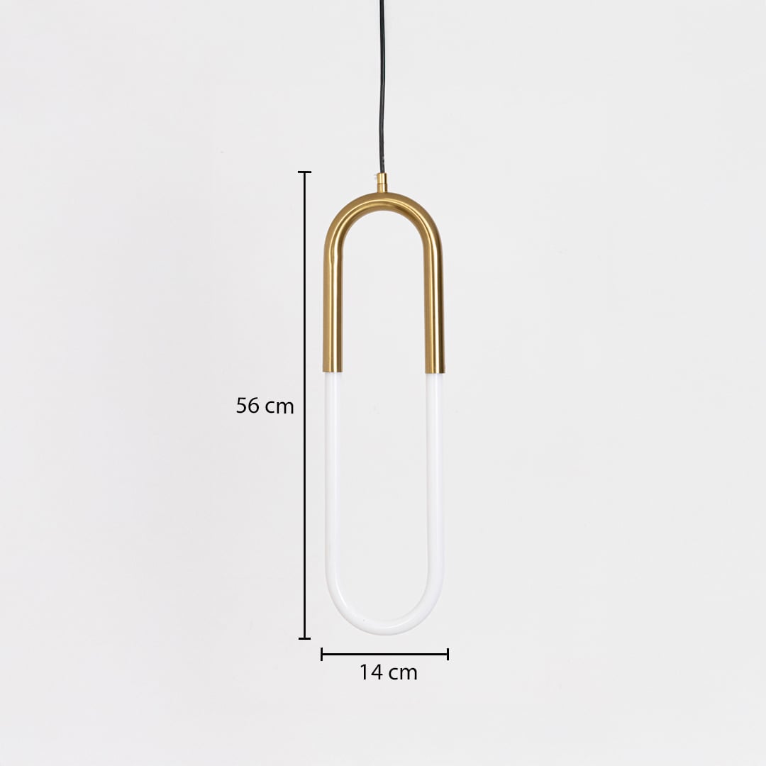 Gold U shaped LED pendant light shown with dimensions highlighting accurate size details for modern interior placement and fitting.