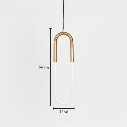 Gold U shaped LED pendant light shown with dimensions highlighting accurate size details for modern interior placement and fitting.