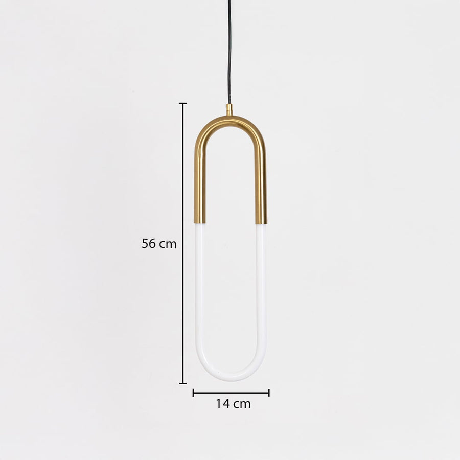 Gold U shaped LED pendant light shown with dimensions highlighting accurate size details for modern interior placement and fitting.