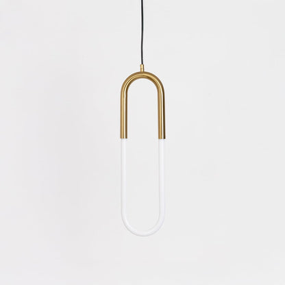 Minimalist gold pendant light with U shaped LED tube switched off displayed on plain white background for stylish catalog display.