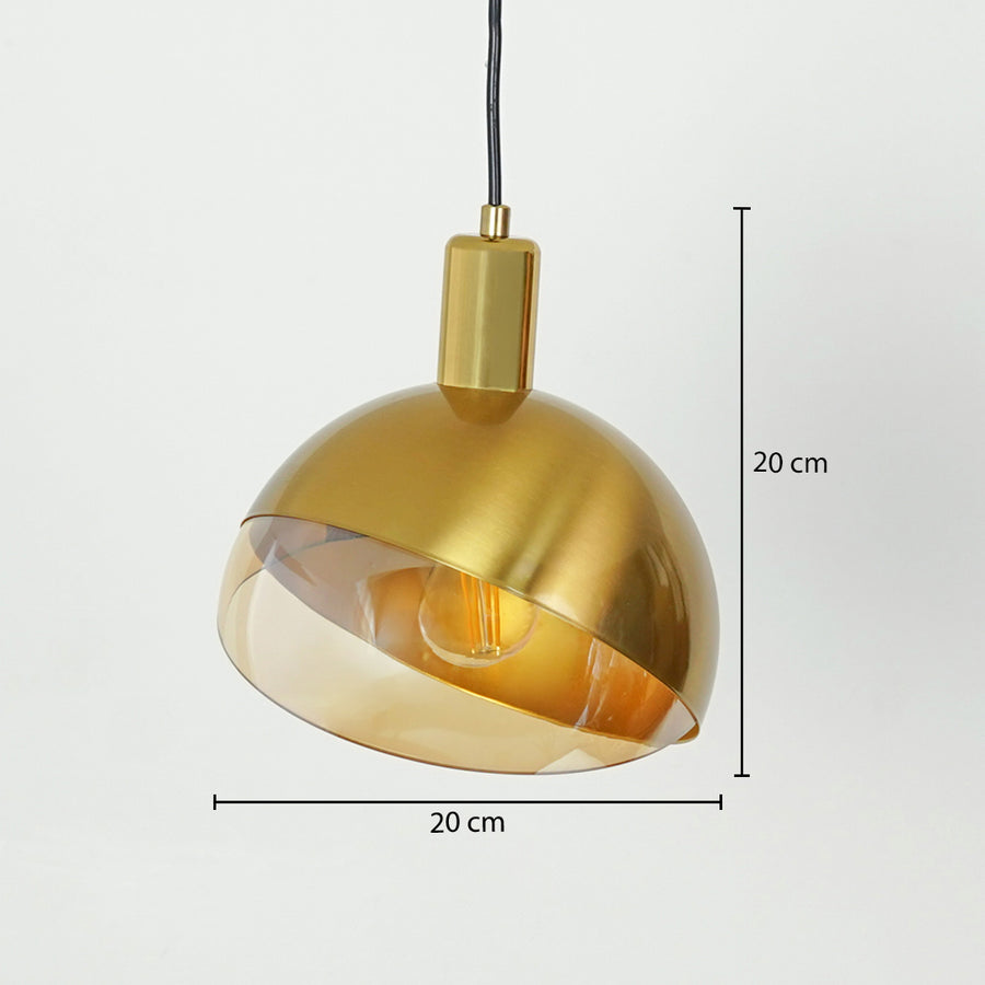 Brushed gold metal pendant light with dome shade displaying size details for elegant ceiling decor.