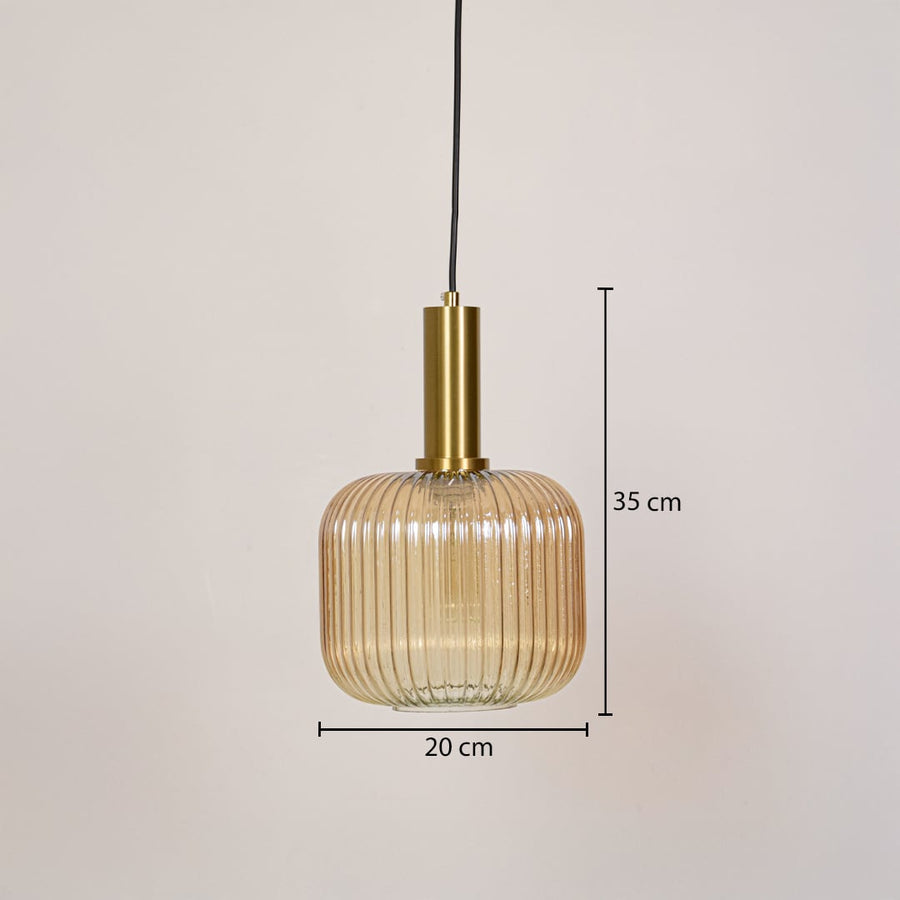 Gold metal and ribbed glass pendant light measuring 35 cm height and 20 cm width designed for ceiling hanging decor.