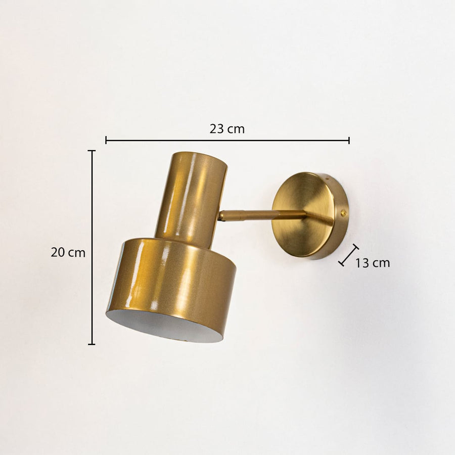 A gold wall light design with clear measurements showing 23 cm width 20 cm height and 13 cm wall depth displayed on a white background for accurate sizing.