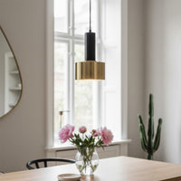 Black and brass metal pendant light creating warm ambience in contemporary kitchen interiors.
