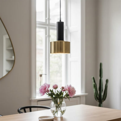 Black and brass metal pendant light creating warm ambience in contemporary kitchen interiors.