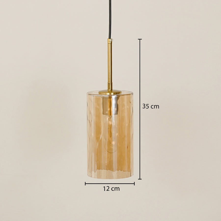 Amber textured glass pendant light measuring 25 cm height and 15 cm width for ceiling decor.
