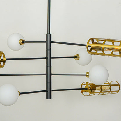 Minimal ceiling light with black frame gold cage shades and white glass globes on clean background perfect for modern home lighting setup.

