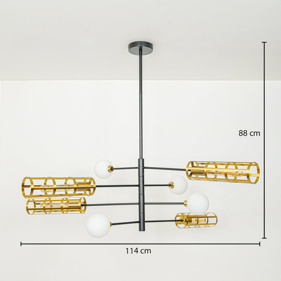Contemporary chandelier with gold cylindrical mesh shades and white glass globes on black frame 114 cm width 88 cm height perfect for modern interior lighting.