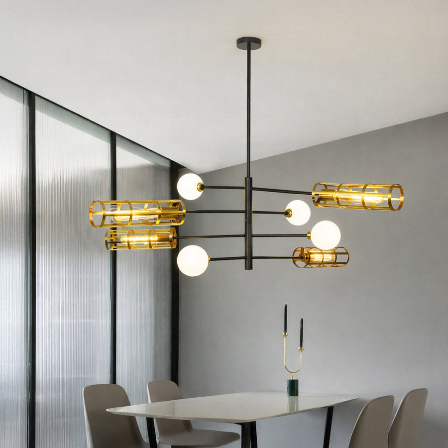Stylish ceiling light with gold cage shades and white glass globes on neutral background perfect for modern living room or dining lighting.