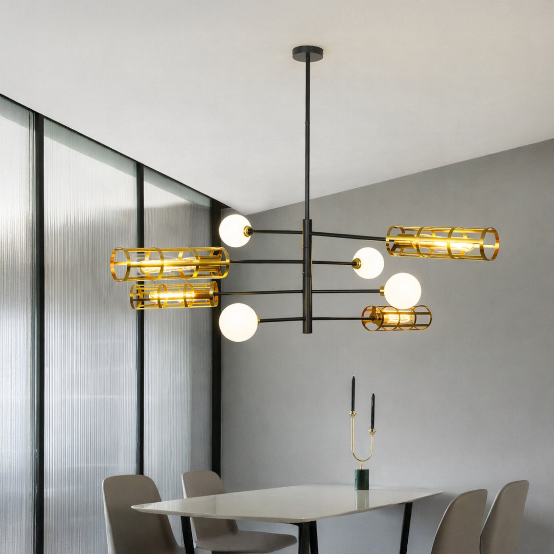 Stylish ceiling light with gold cage shades and white glass globes on neutral background perfect for modern living room or dining lighting.