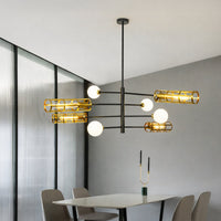 Stylish ceiling light with gold cage shades and white glass globes on neutral background perfect for modern living room or dining lighting.