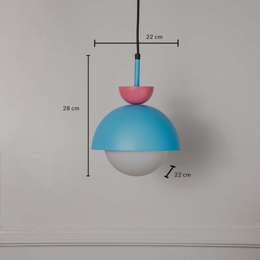 Dimension image of sky blue metal pendant light with pink accents and frosted glass globe showing 18 cm height and 22 cm width.