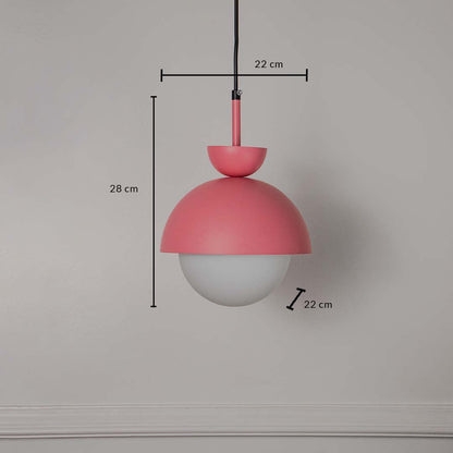 Pendant light with matte pink metal body and frosted glass globe shade 22 cm width and 28 cm height for stylish interiors.