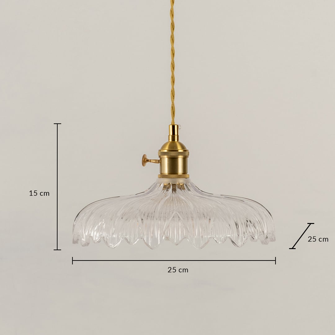 Dimension image of ribbed clear glass pendant light with brass holder showing 15 cm height and 25 cm width.