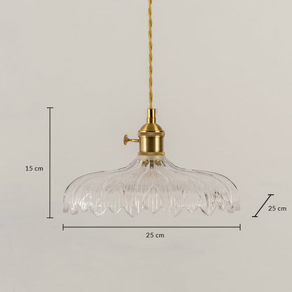 Dimension image of ribbed clear glass pendant light with brass holder showing 15 cm height and 25 cm width.