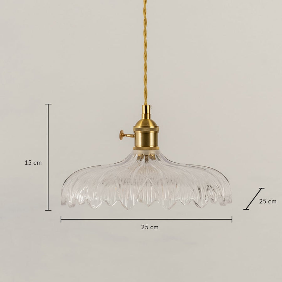Dimension image of ribbed clear glass pendant light with brass holder showing 15 cm height and 25 cm width.