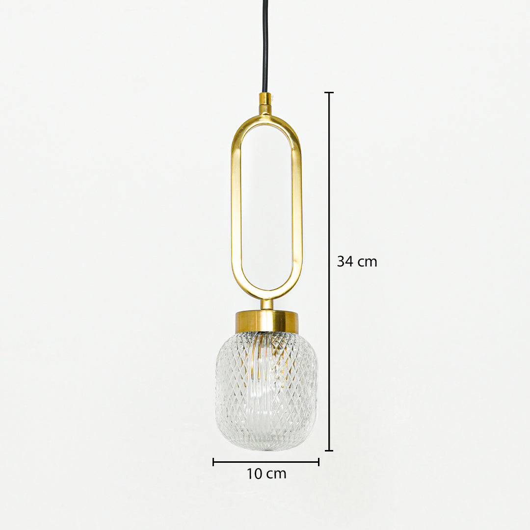 Gold metal frame and textured glass pendant light dimension image with 10 cm width and 34 cm height for luxury bedside placement.