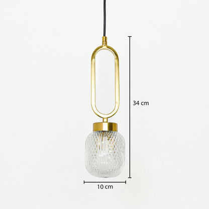 Gold metal frame and textured glass pendant light dimension image with 10 cm width and 34 cm height for luxury bedside placement.