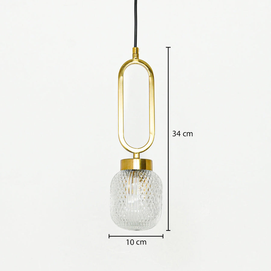 Gold metal frame and textured glass pendant light dimension image with 10 cm width and 34 cm height for luxury bedside placement.