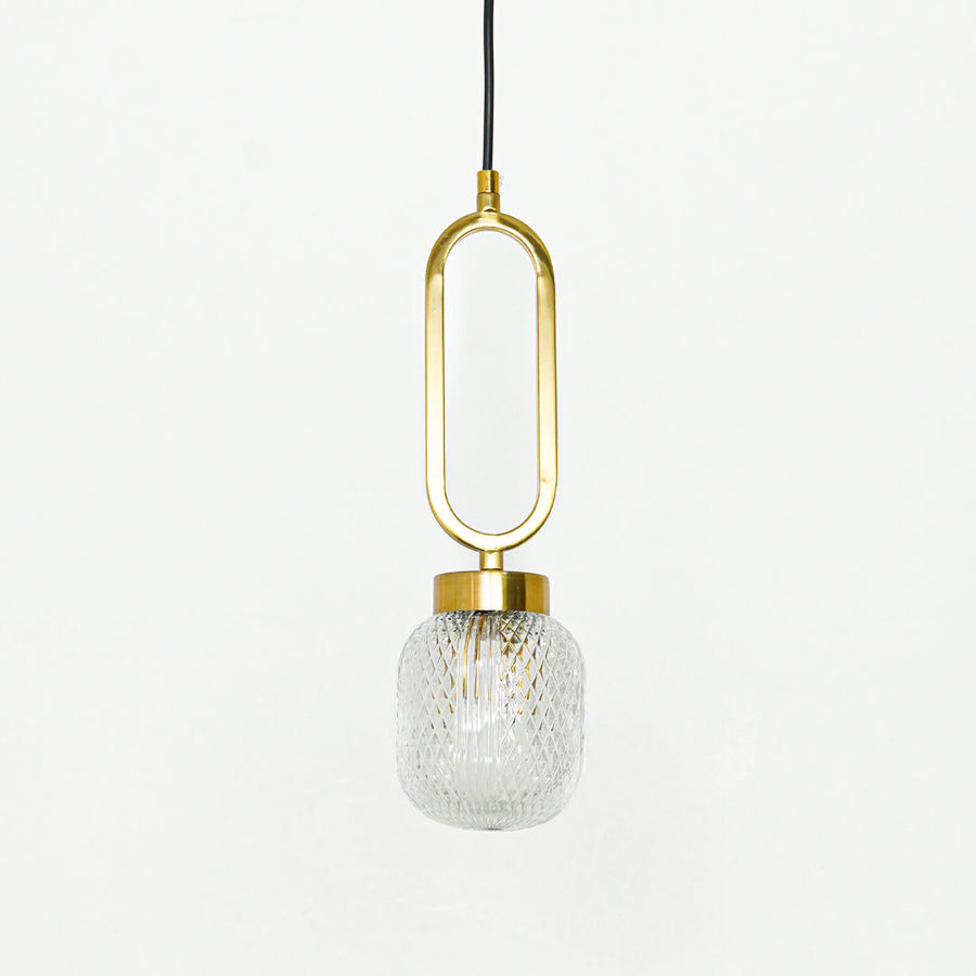 Textured clear glass and gold metal pendant light with oval frame for stylish contemporary interiors.