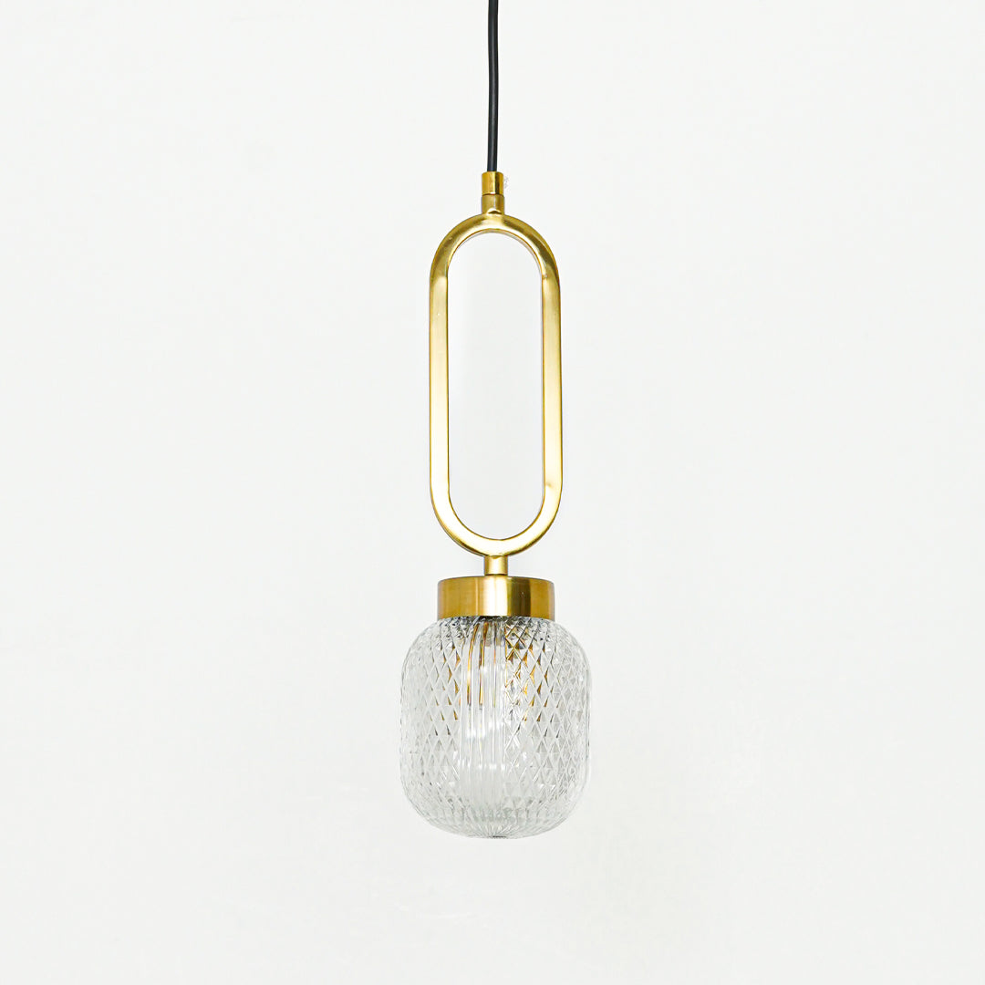 Textured clear glass and gold metal pendant light with oval frame for stylish contemporary interiors.