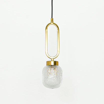 Textured clear glass and gold metal pendant light with oval frame for stylish contemporary interiors.