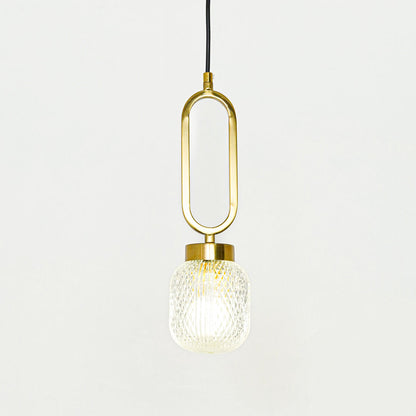 Textured clear glass and gold metal pendant light designed for elegant modern home decor spaces.