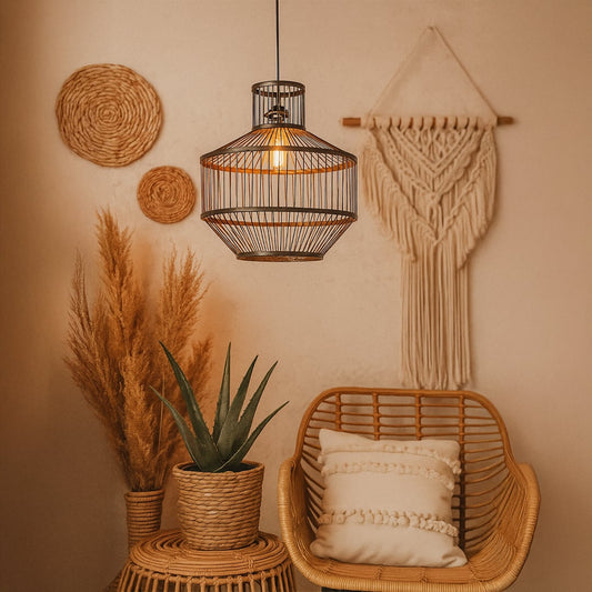 Industrial metal wire pendant light adding a modern artistic flair with a warm glow perfect for elegant interiors.