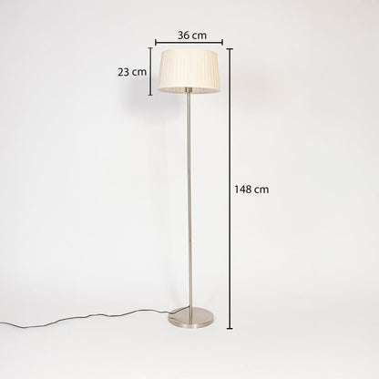 Steel floor lamp with cream pleated fabric shade measuring 148 cm height 36 cm width and 23 cm shade depth.