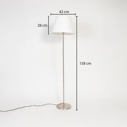 Steel floor lamp with white pleated shade measuring 158 cm height 42 cm width and 28 cm shade depth.