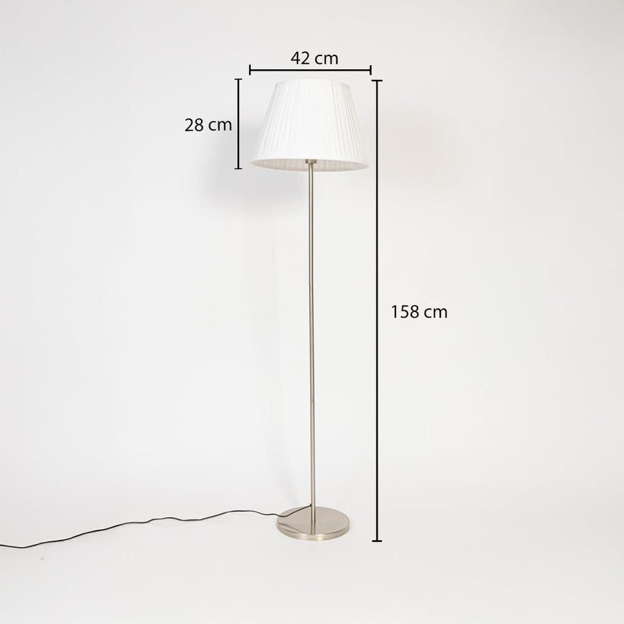 Steel floor lamp with white pleated shade measuring 158 cm height 42 cm width and 28 cm shade depth.