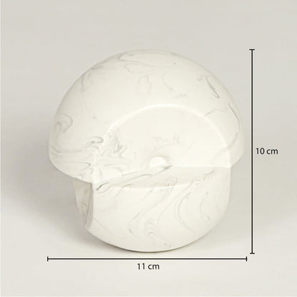 White marble ceramic decorative object showing 10 cm height and 11 cm width suitable for table shelf or console placement.
