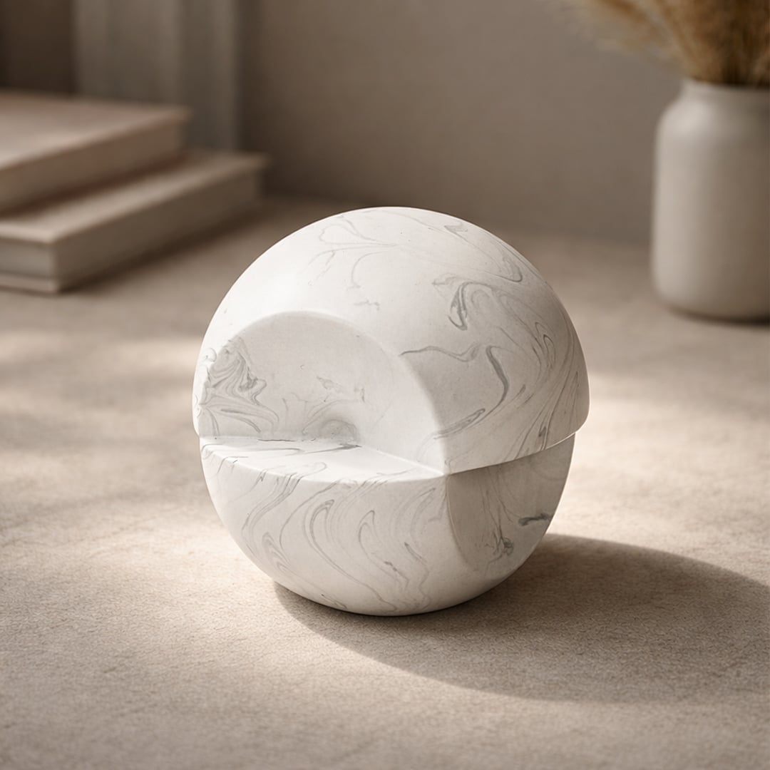 White marble finish ceramic decorative object with smooth spherical sculpted form styled on table in warm neutral living space.