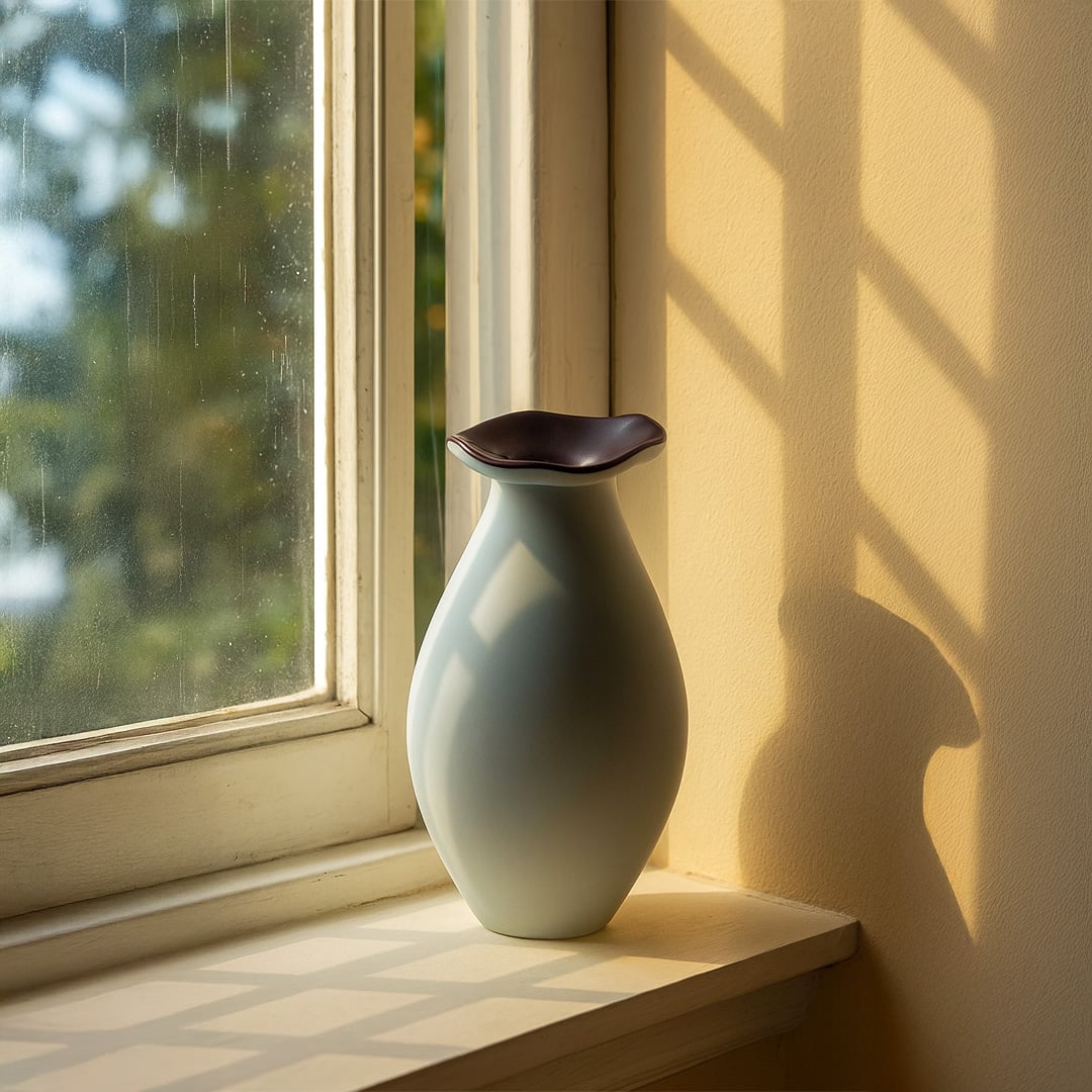 Elegant ceramic vase in soft white with curved design styled on a window sill for modern home decor.