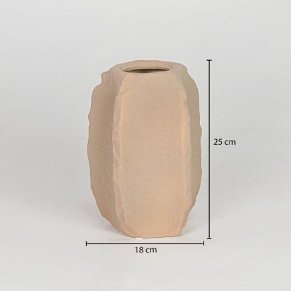 Beige ceramic decorative vase size 25 cm height 18 cm length modern textured flower vase dimension reference image.