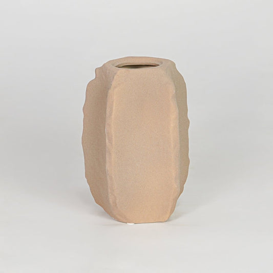 Modern beige decorative flower vase isolated clean background stylish ceramic vase for table shelf console decor.