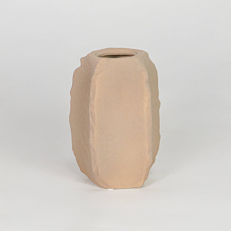 Modern beige decorative flower vase isolated clean background stylish ceramic vase for table shelf console decor.