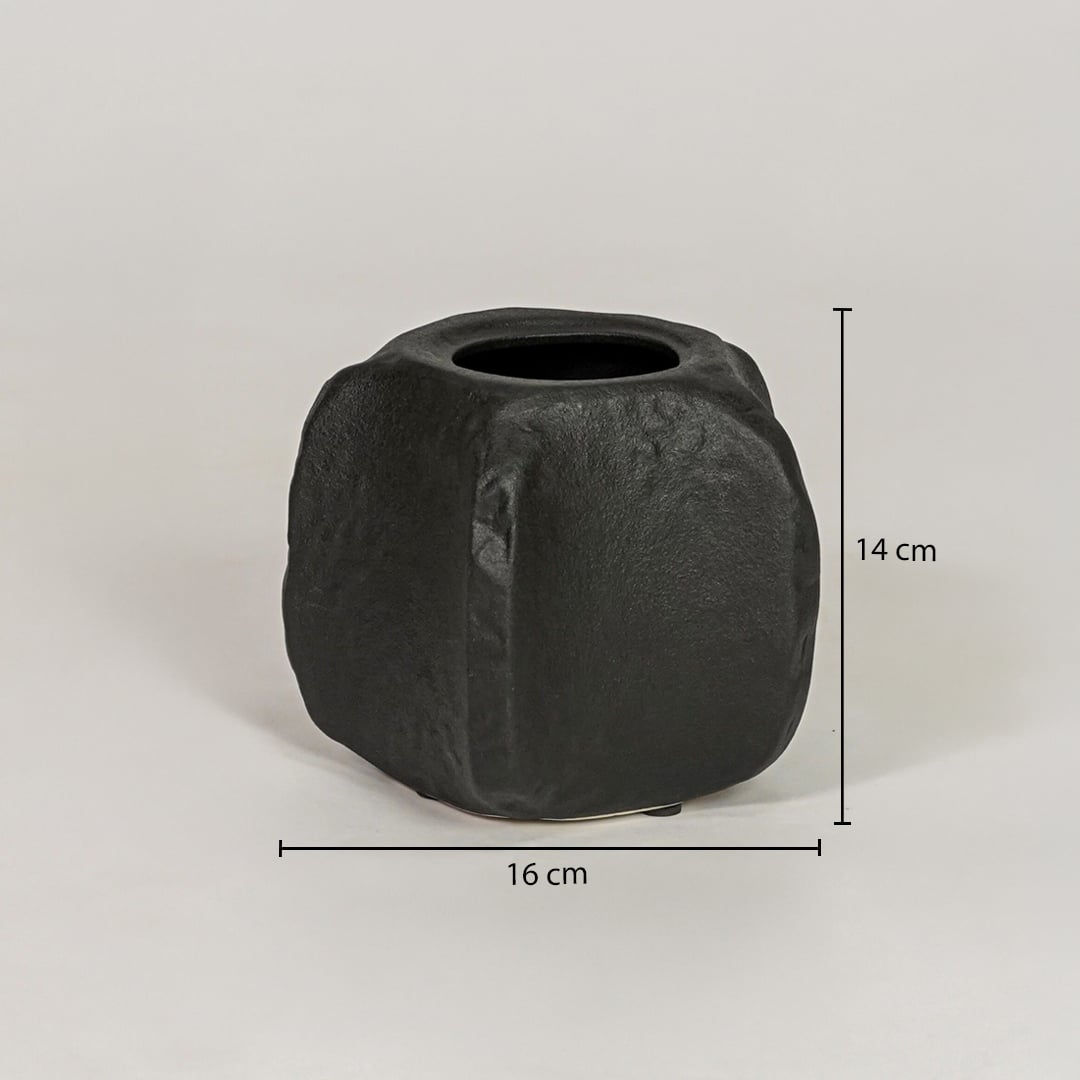 Black ceramic planter measuring 14 cm height and 16 cm width for modern tabletop decor styling placement.