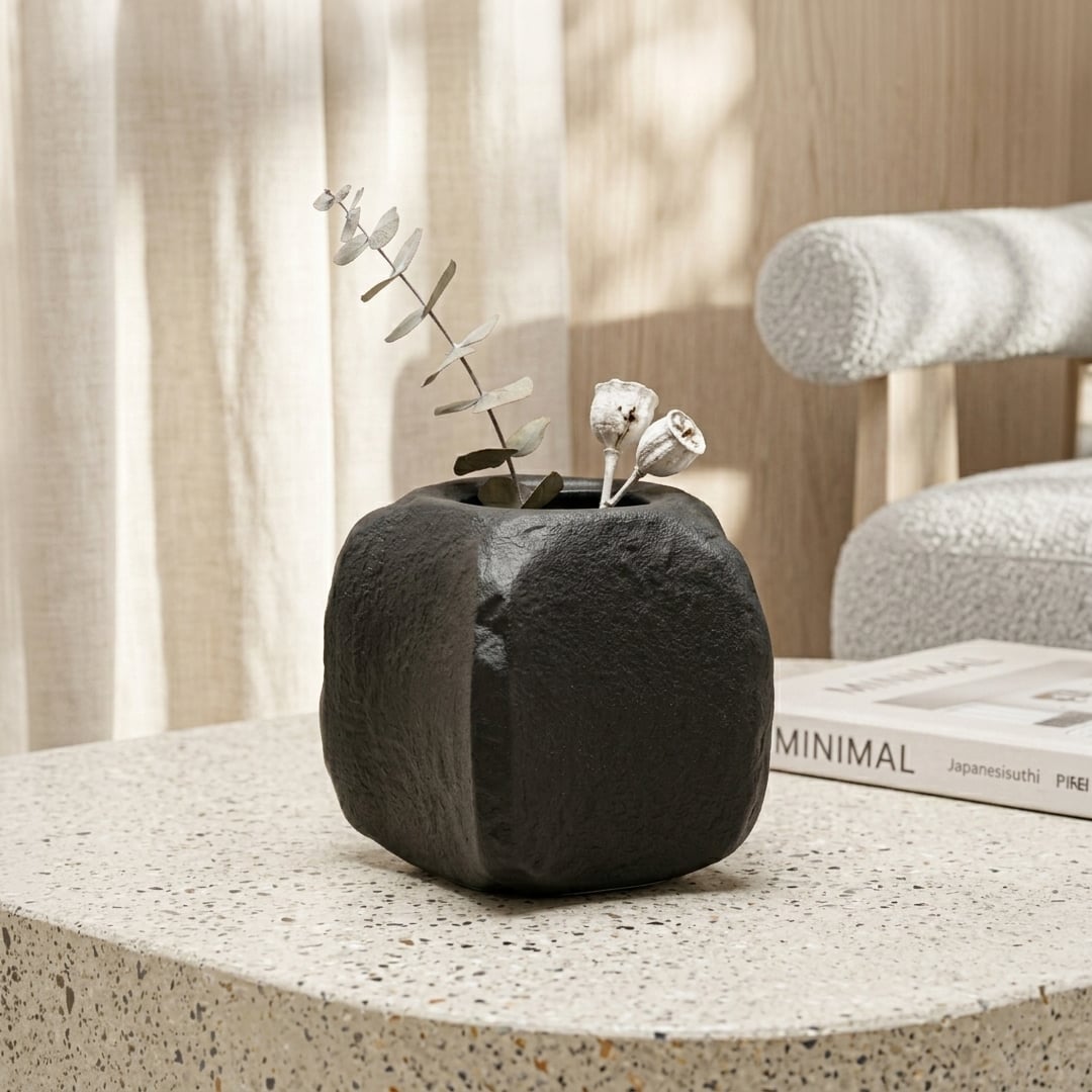 Black ceramic planter with textured finish styled with dried blooms for elegant modern home decor placement.