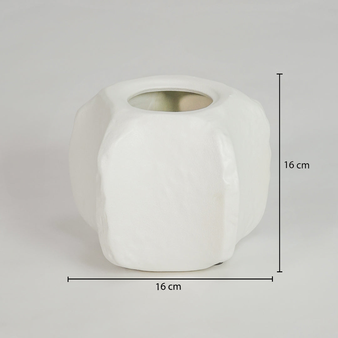 Dimension image of small white ceramic vase with lid for elegant tabletop decor styling and modern home interior decoration.