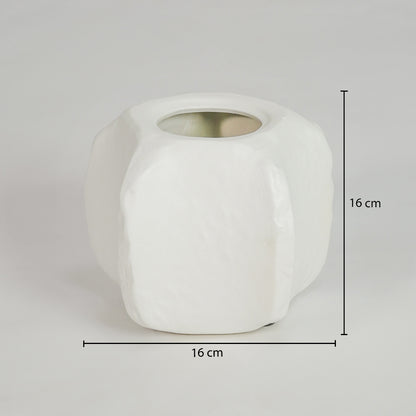 Dimension image of small white ceramic vase with lid for elegant tabletop decor styling and modern home interior decoration.