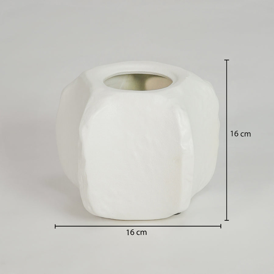 Dimension image of small white ceramic vase with lid for elegant tabletop decor styling and modern home interior decoration.