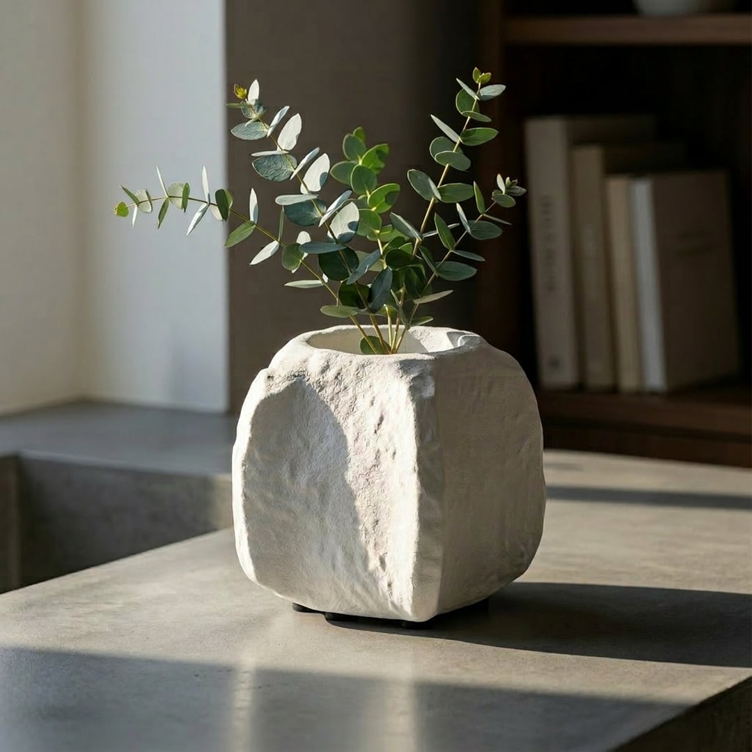 White textured decorative flower vase placed on table with green leaves modern minimal home decor styling idea.