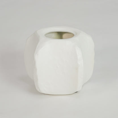 White background image of small white ceramic vase with lid for elegant tabletop decor styling and modern interior design.